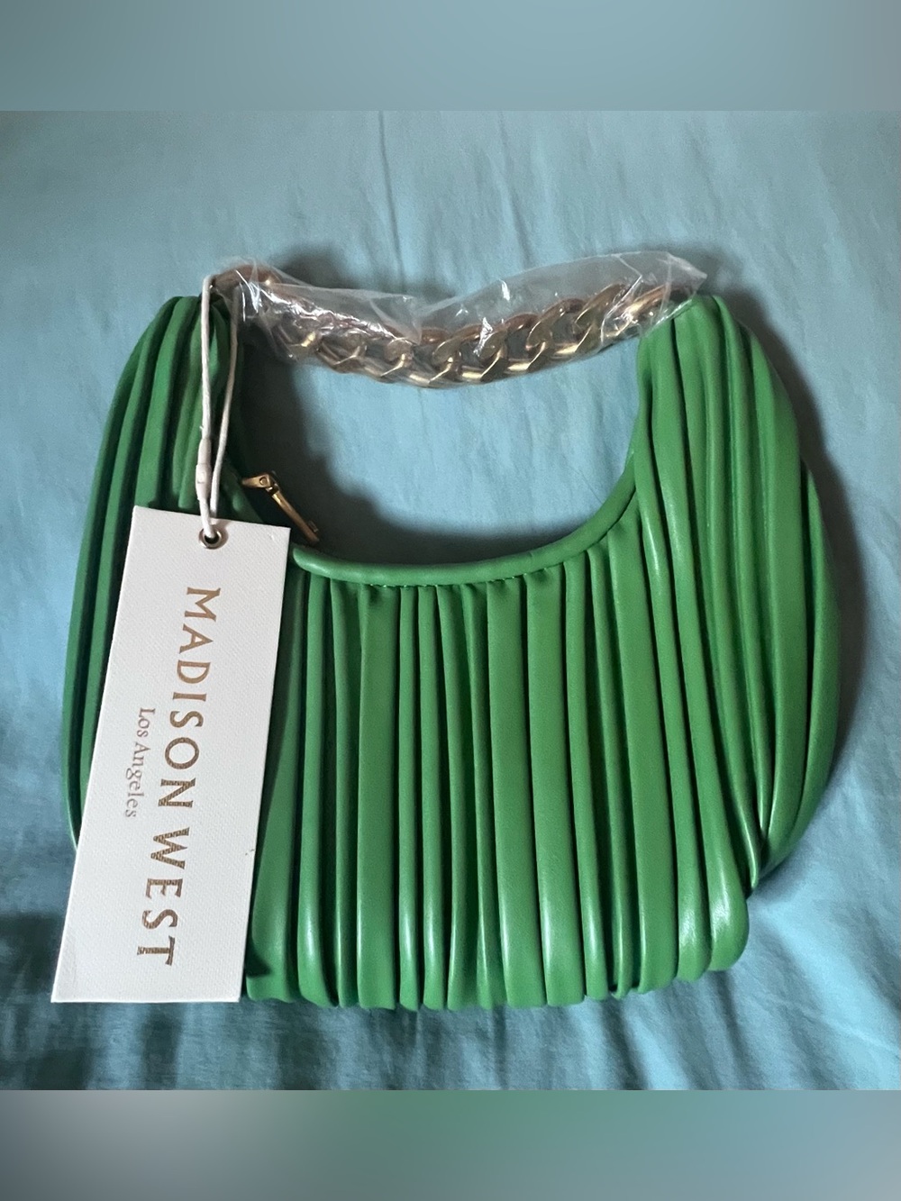 Madison West Green Pleated Bag with Gold Chain Handle New With Tags